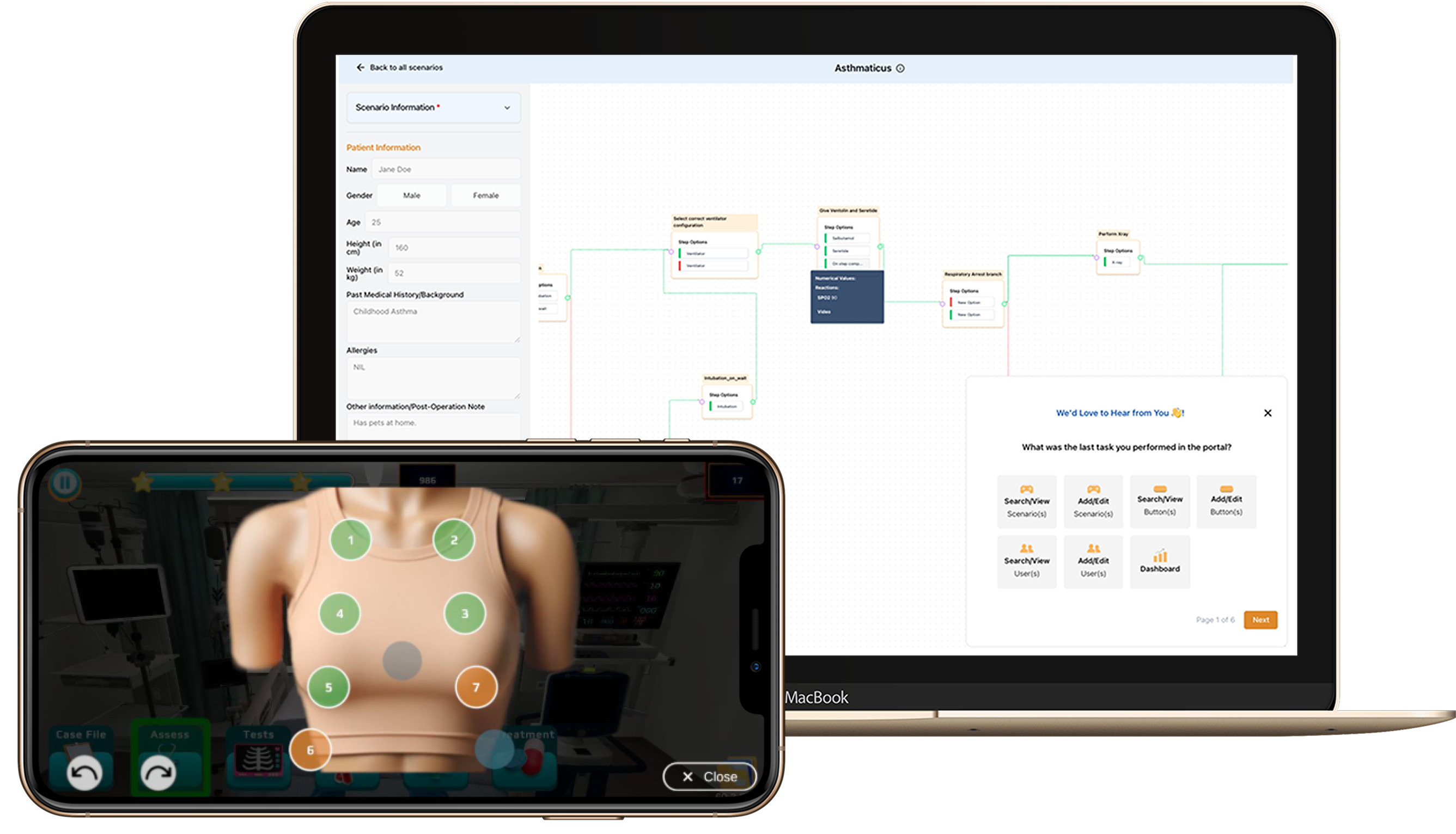 Split view of the no-code scenario builder CMS on a laptop, showing a branching decision flow, next to the mobile training game on a phone, showing a patient's torso with numbered assessment points.