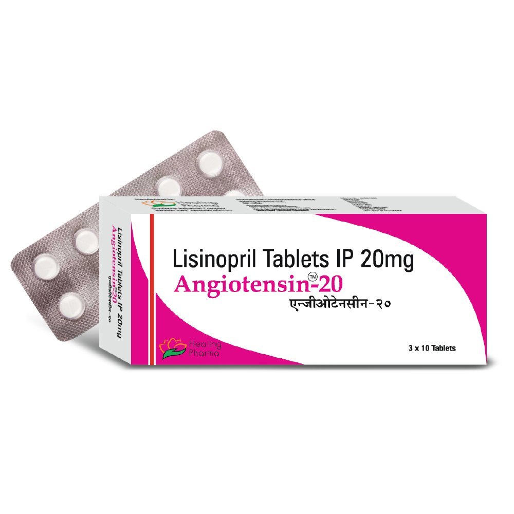 A box of Lisinopril 20mg tablets, the medication used as the example in the Button Manager screenshot.