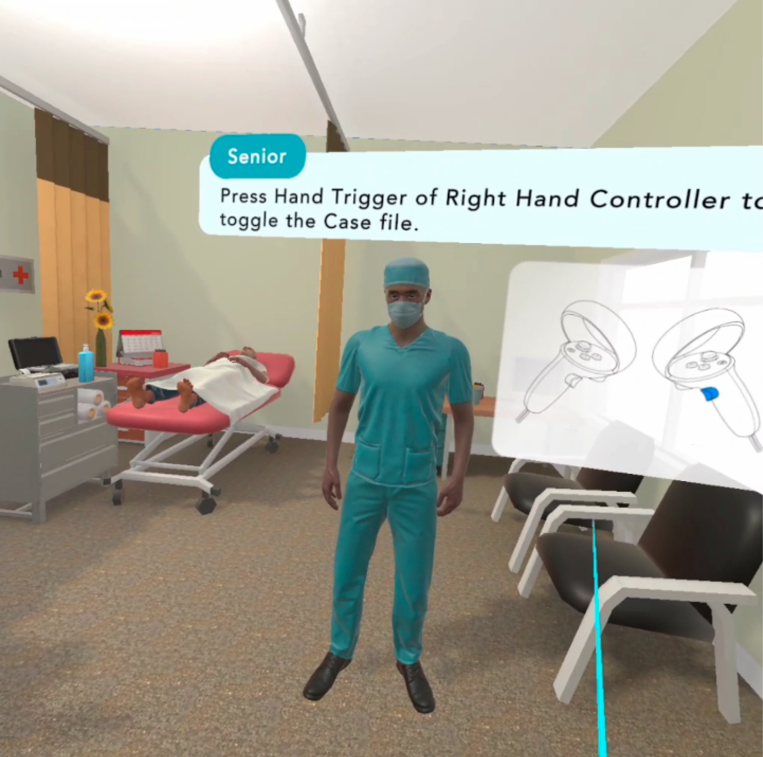 A senior podiatrist character instructing the player to press the right hand controller's trigger to toggle the case file, with a controller diagram shown alongside.