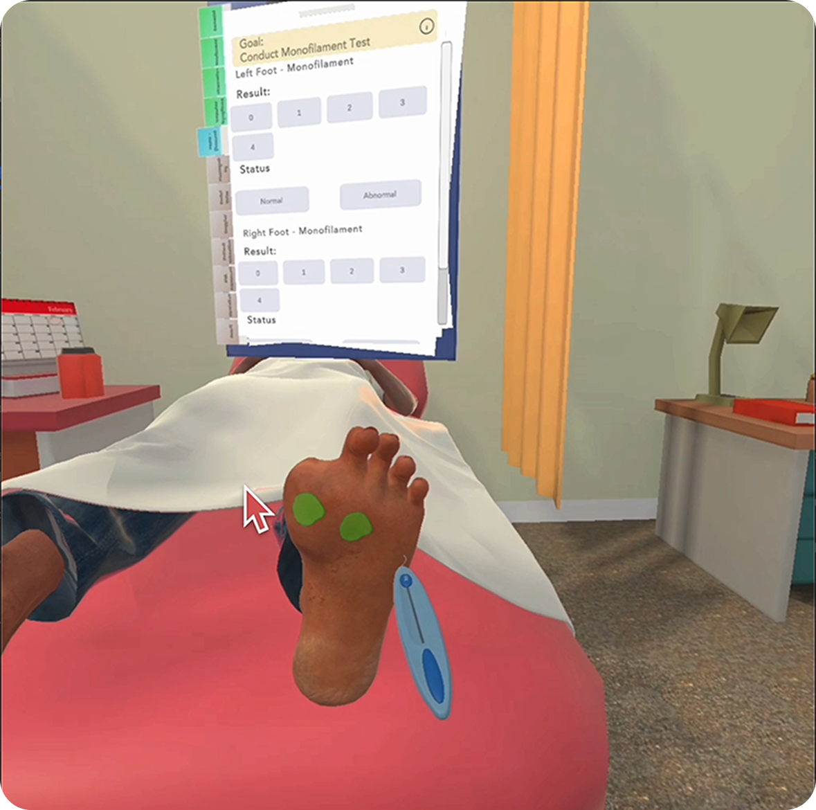 Player's view mid monofilament test: the controller points at the virtual patient's bare foot while the case file panel floats beside the bed.