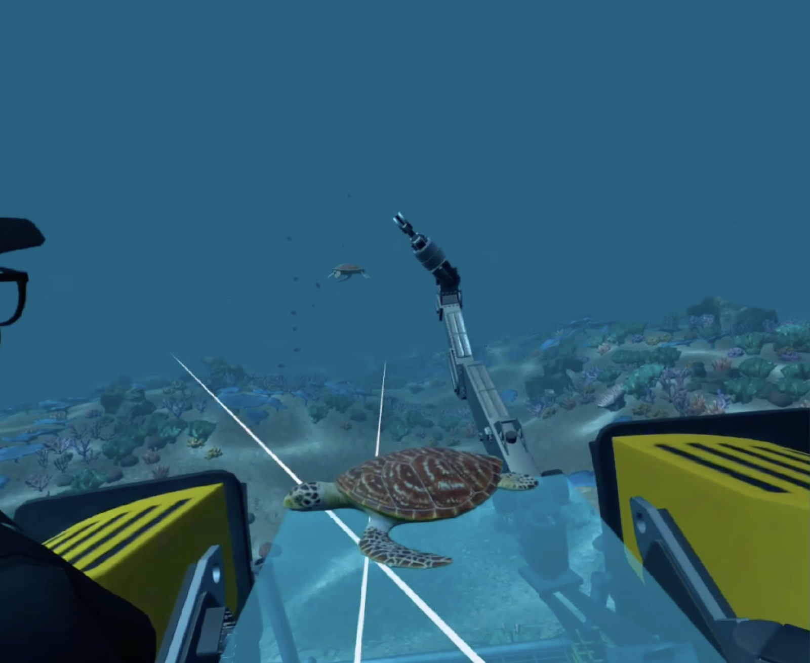 In-game screenshot: a green turtle swims past the submersible's viewport, framed by the targeting laser, over a coral reef seabed.
