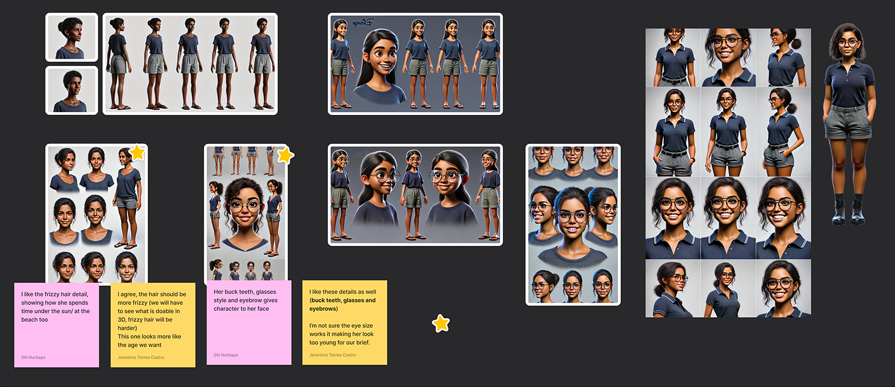 A grid of Gen AI-produced character direction options for the guide scientist, with inline stakeholder feedback notes calling out preferred hair, glasses, buck teeth, and eyebrow details.