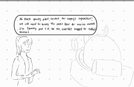 Storyboard frame: the guide scientist character introduces herself to the player — 'Hi there young pilot, excited for today's expedition? We will need to survey the ocean floor for marine animals. I'm Tammy, and I'd be the scientist tagged to today's mission.'