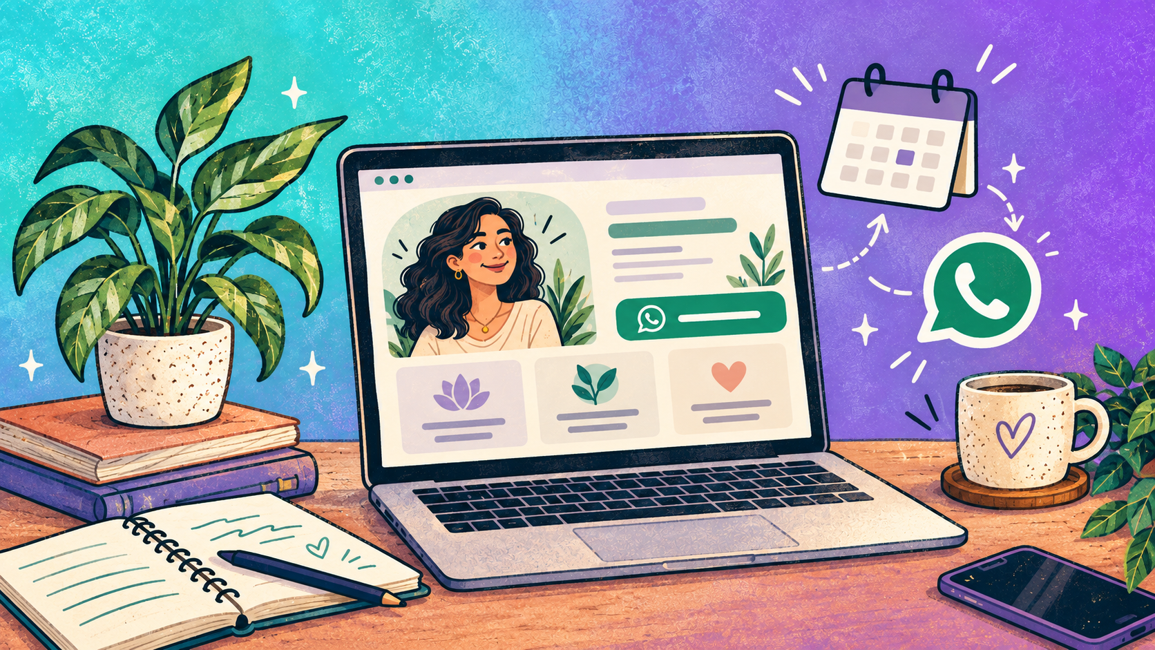 Illustration of a personal website with a WhatsApp contact button, next to calendar and WhatsApp icons