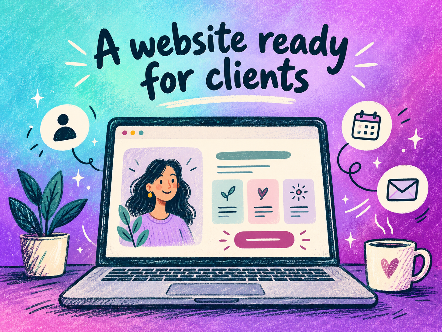 Illustration of a personal website with a profile photo, highlight cards, and a contact button, ready to share with clients