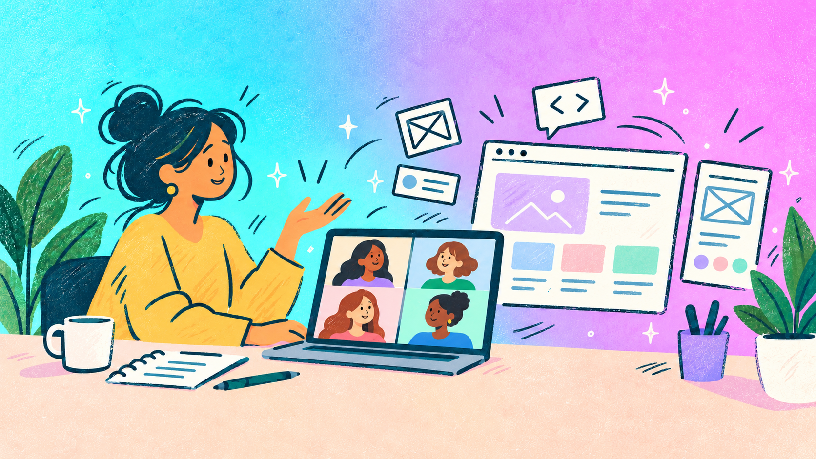 Illustration of a woman on a video call with website and mobile design elements floating around her