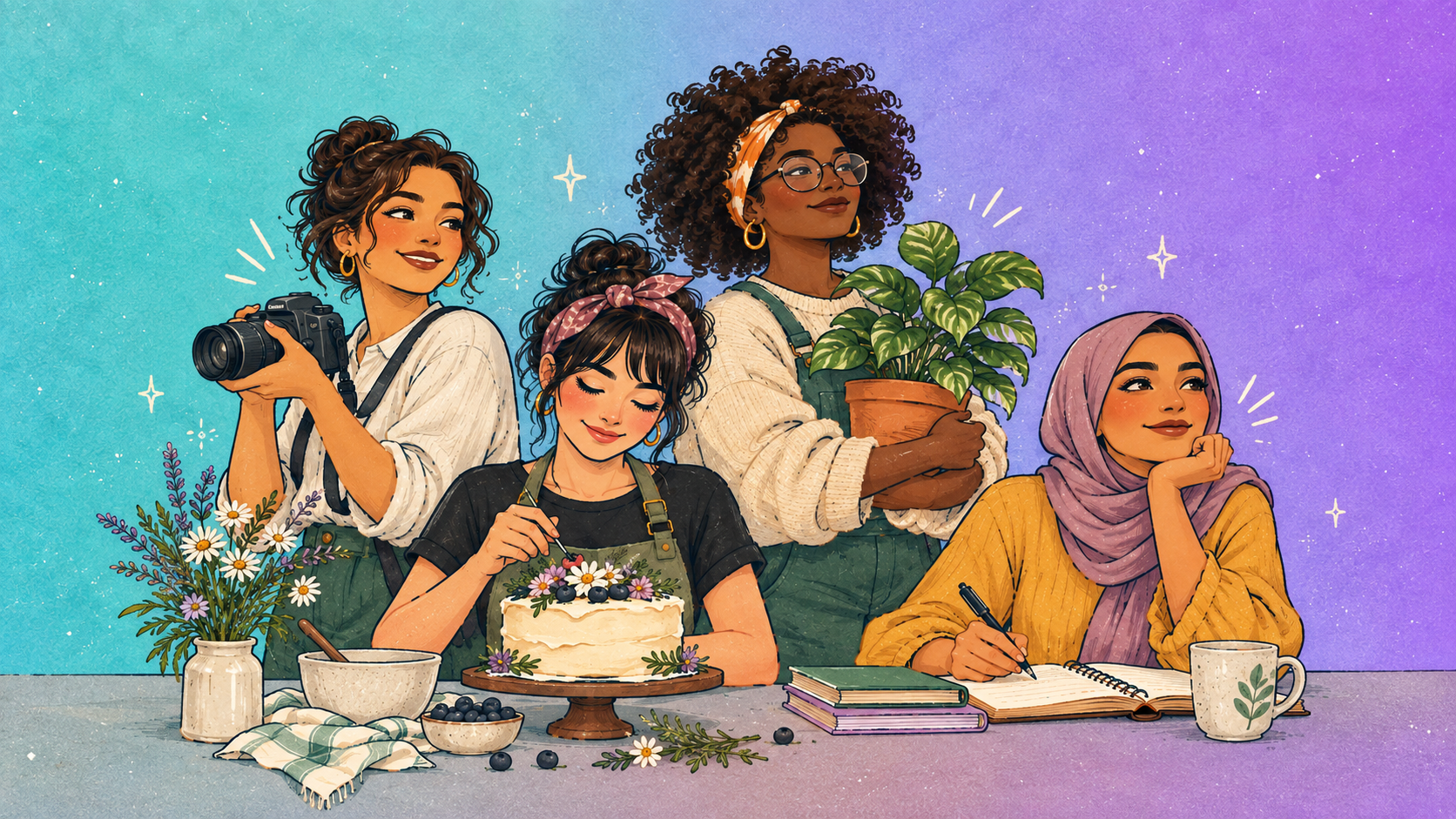 Illustration of four women with different skills: photography, baking, plant care, and writing